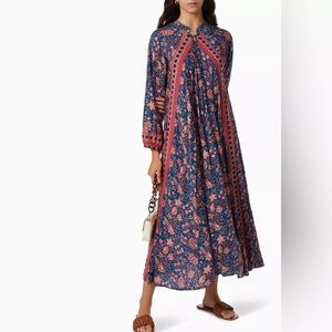 Natalie Martin Fiore Dahlia Indigo Floral Print Midi Dress Size S